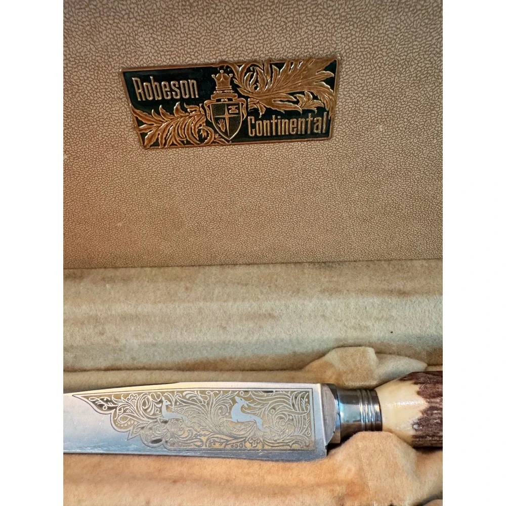 Robeson Continental Vintage Carving Set Stag Horn Handles Germany 3 Piece Etched